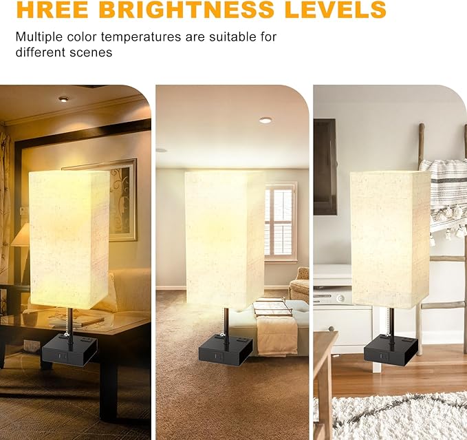 Table Lamp for Bedroom with USB,Bedside Lamp with USB C+A Charging Ports,Adjustable 3color LED Light for Home Decor/Nightstand/Office,Included Bulb and Fabric Lamp Shade (Linen White, 2PCS)
