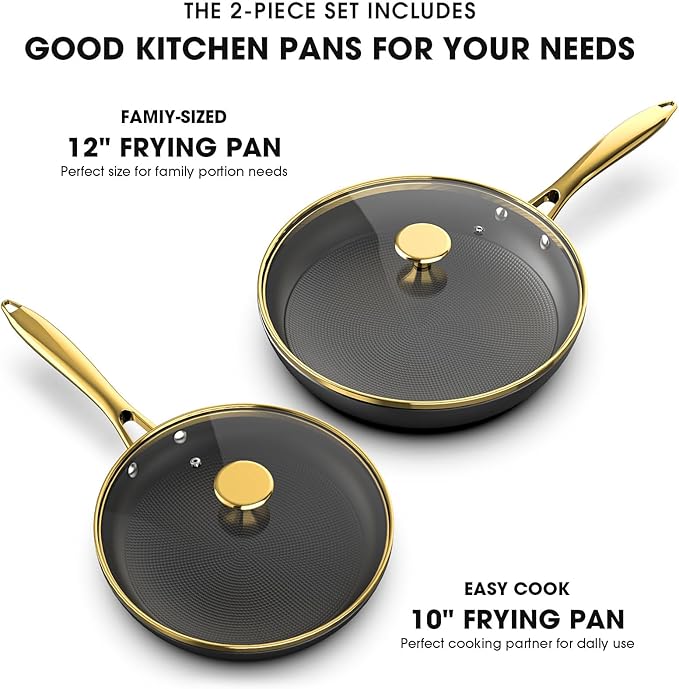 imarku Non Stick Frying Pans, Frying Pan with Lid 2Pcs - 10 Inch and 12 Inch Long Lasting Nonstick Frying Pan Cast Iron Skillets, Frying Pans Nonstick with Lid, Gift for Women and Men