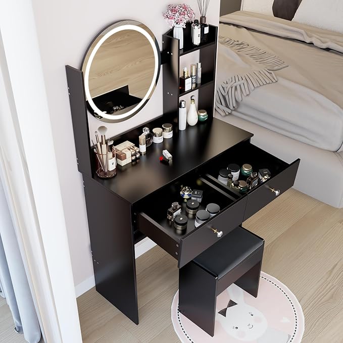 31.5" Small Vanity Desk with Mirror and Lights, Makeup Table with Led Lights, 3 Lighting Colors, Vanity Set with 2 Drawers and Stool for Small Space Bedroom, Black