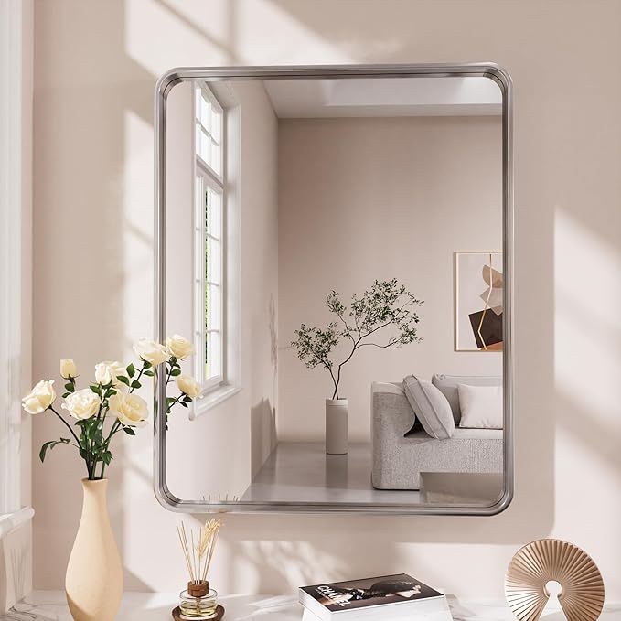 Brushed Nickel Bathroom Mirror 20x30 Inch, Brushed Silver Metal Frame Mirror Wall Mounted, Rounded Rectangle Bathroom Vanity Mirror, Tempered Glass, Anti-Rust, Horizontal/Vertical