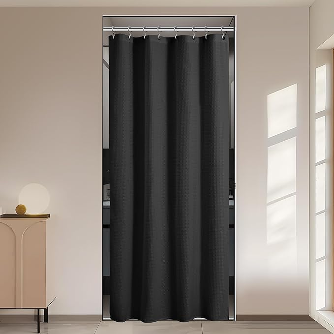 River Dream 3 in 1 Shower Curtain Set, Stall Waffle Fabric Shower Curtain and Waterproof Clear Liner Set with Double Sided Metal Hooks, Black, 36" W*72" H