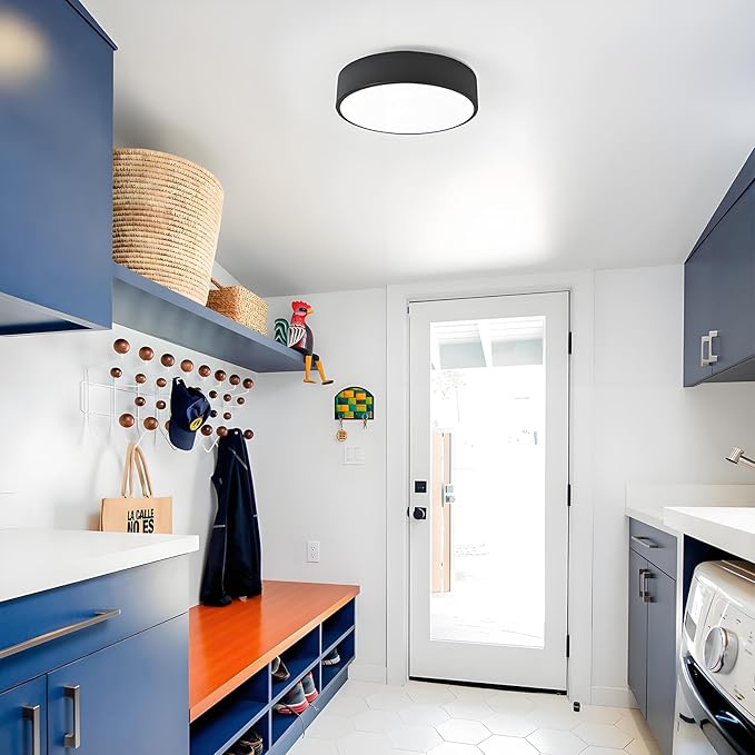 Modern Black Flush Mount Ceiling Light, 2-Lights Round Ceiling Light, Minimalistic Ceiling Lamp Acrylic Shade Lighting Fixture for Bedroom Laundry Room Bathroom Hallway(11.8 Inch)