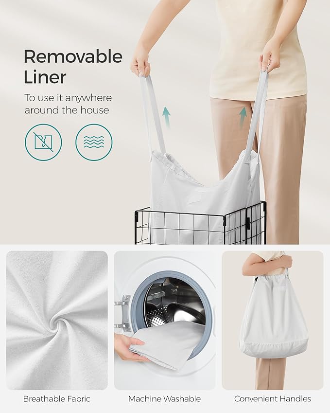 SONGMICS Laundry Hamper, 11 Gal. (50L) Laundry Basket, Collapsible Clothes Hamper, Removable and Washable Liner, Metal Wire Frame, for Bedroom Bathroom, Cream White ULCB150W01