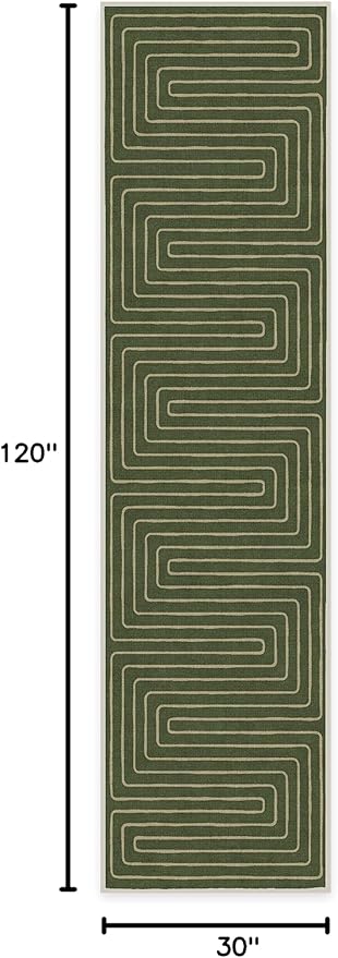 RUGGABLE x Jonathan Adler Machine Washable Modern Runner Rug – Labyrinth Fern Green 2.5x10, Stain-Resistant, Non-Slip – Washable Rug for Hallway, Entryway, Living Room & Kitchen–with Cushioned Pad