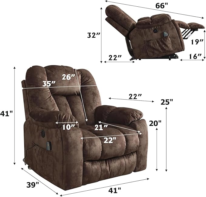 CANMOV Power Lift Recliner Chair with Massage and Heat for Elderly, Overstuffed Wide Recliners, Heavy Duty and Safety Motion Reclining Mechanism with USB Ports, 2 Concealed Cup Holders, Chocolate