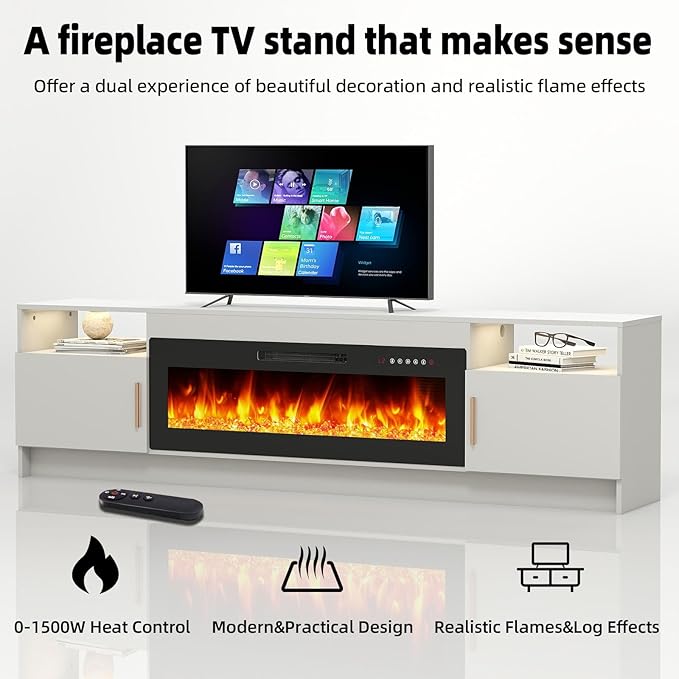 Ludatido 80 Inch TV Stand with 42 inch Electric Fireplace 27 Inch high LED Light Entertainment Center with 3 Open Storage compartments for TVs Up to 90" Black