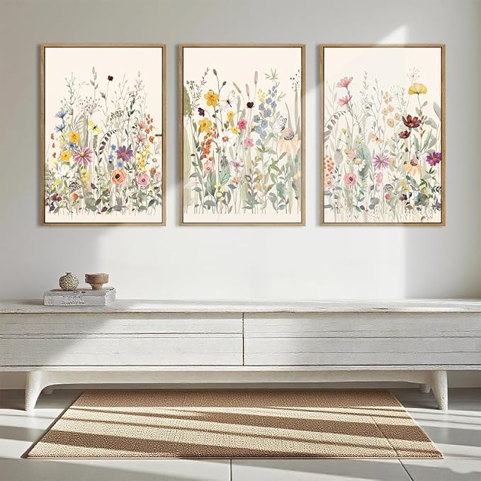 Wildflower Wall Art Large Floral Wall Painting Neutral Print Pictures Decor for Living Room Bedroom Bathroom 3 Panel 36x24 Inches