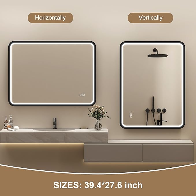 LED-Bathroom-Mirror-with-Lights, 40"x28" Wall-Mounted with Anti-Fog, 3 Colors Dimmable Light, Waterproof, Tempered Glass, Black Framed