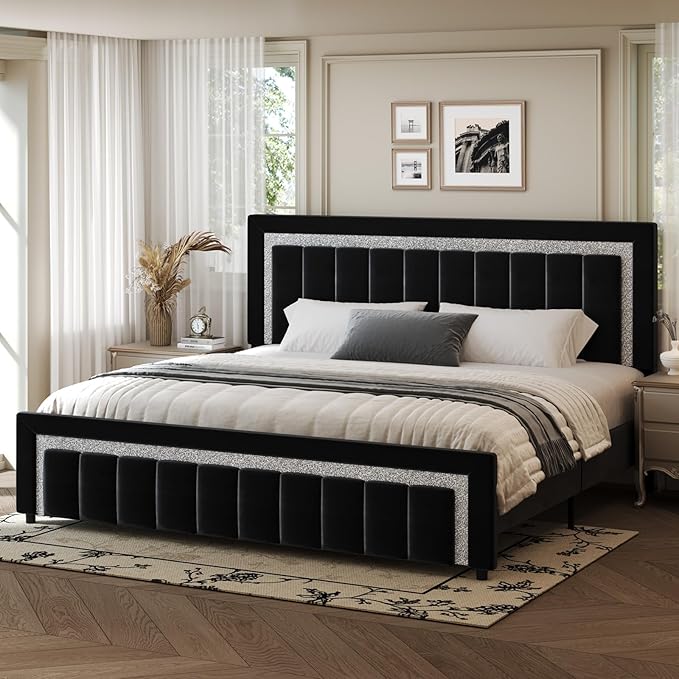HOMBCK King Size Bed Frame with Headboard, Velvet Upholstered Bed with Diamond Design, Upholstered Platform Bed Frame with Wooden Slats Support, No Box Spring Needed, Easy Assembly, Black