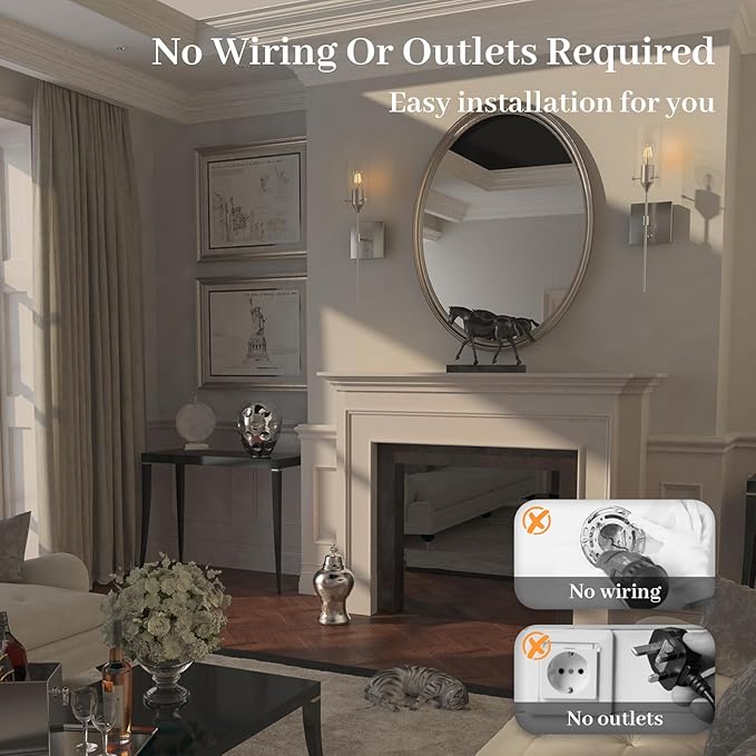 Dimmable Battery Operated Wall Sconce No Wired, Rechargeable Wall Light Fixture, Easy to Install Wireless Wall Mount Lamp for Living Room Bedside Hallway Lounge Mirror, Bulb Included