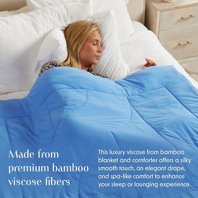 Springtree Home Luxury Viscose from Bamboo Blanket & Comforter | Viscose from Bamboo Comforter Queen Size -90" x 90" | Cooling Blanket | Breathable & Lightweight | Full/Queen - Cool Blue