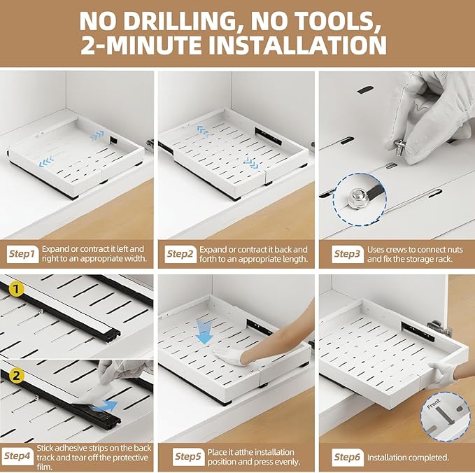 2 Pack Expandable Pull Out Cabinet Organizer, Width (12"-19" ) & Depth (16.5"-22")No Drill Adjustable Cabinet Pull Out Shelves for Kitchen,Pantry, Adhesive Roll Out Shelves for Kitchen Cabinets-Black