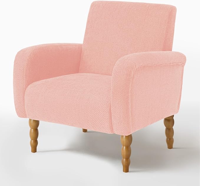 Accent Armchair Set of 1, Mid-Century Modern Living Room Chairs with Gourd-Like Shape Wooden Legs, Chenille Upholstered Single Sofa Reading Chair for Living Room Bedroom Guest Room,Pink