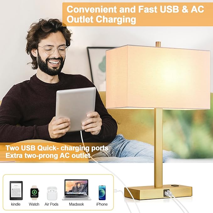 21" Touch Bedside lamps with 2 USB & AC Outlets, 3-Way Dimmable Bedside Table Lamps Set of 2 for Bedroom Living Room Office Reading, White Shade Lamps for Night Stands, 2700K LED Bulbs Included