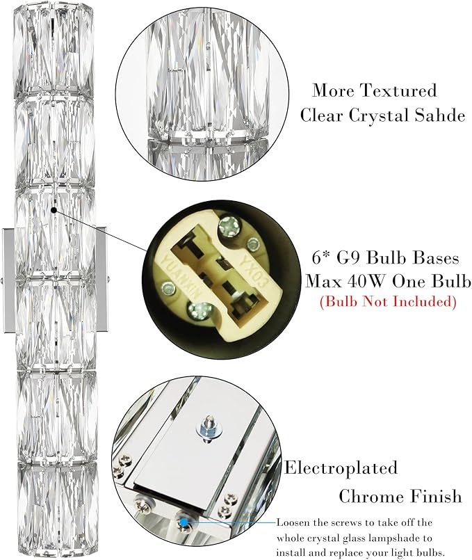 SAMTEEN Chrome Crystal Wall Sconce Contemporary 6-Light Crystal Sconces Wall Lighting Modern Nickel Wall Sconce Clear Glass Wall Light Fixture for Bathroom Living Room Bedroom Hallway