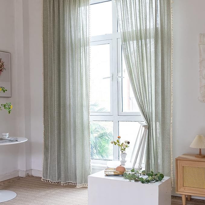 Boho Embroidery Striped Linen Curtains 84 Inches Long 2 Panels for Bedroom - Sage Green Country Farmhouse Bohemian Light Filtering for Living Room (52" W x 84" L)