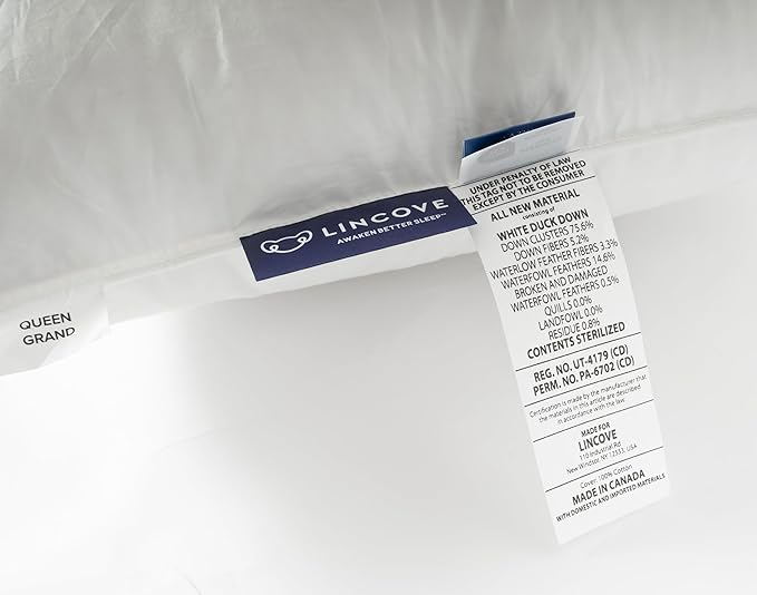 Lincove Cloud Natural Canadian Down and Waterfowl Feather Pillow, White Luxury Sleeping Pillow - 625 Fill Power, 500 Thread Count Cotton Shell, Made in Canada, Standard - Soft, 1 Pack