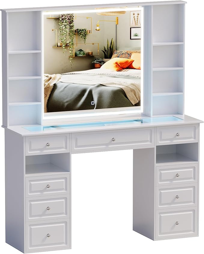Vanity Desk with Mirror and Lights, Glass Top Dressing Table with 9 Drawers,European Style Vanity Table, Crystal Ball Knobs, White Makeup Desk (White-Glass Top)