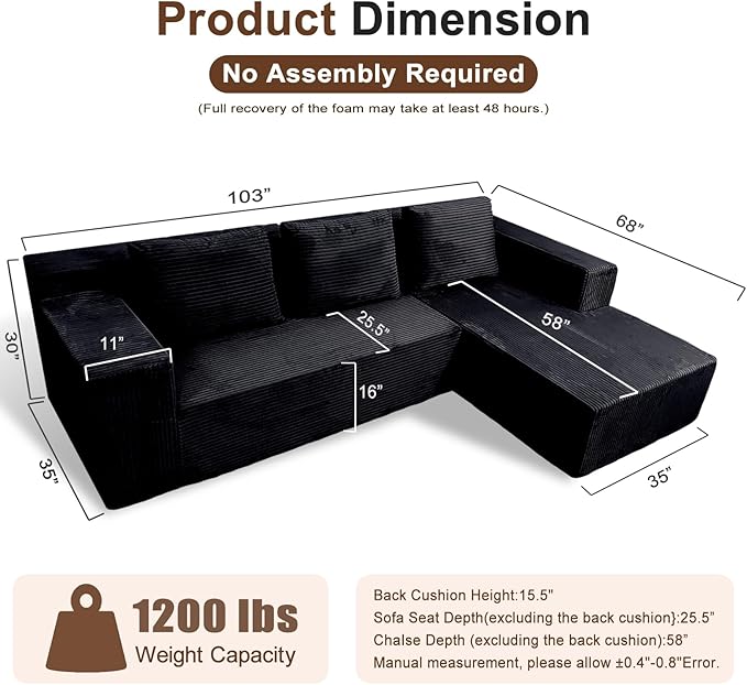 Cloud Sectional Sofa, Boneless Couch for Living Room, No Assembly Required, Deep Seat, Modern Minimalist Modular Couch, Free Combination, 103" L-Shape with Chaise, Plush Corduroy, Right