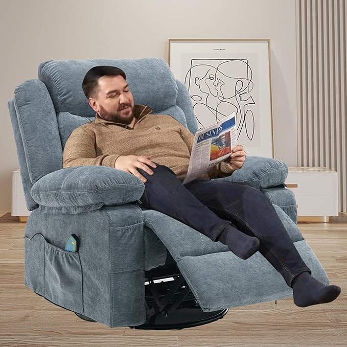 Overstuffed Rocker Recliner Chair, Fabric Massage Recliner Chairs with Heat for Adults, Oversized Reclining Swivel Sofa Manual Home Theater Rocking Recliner Lounge Chairs(Blue)
