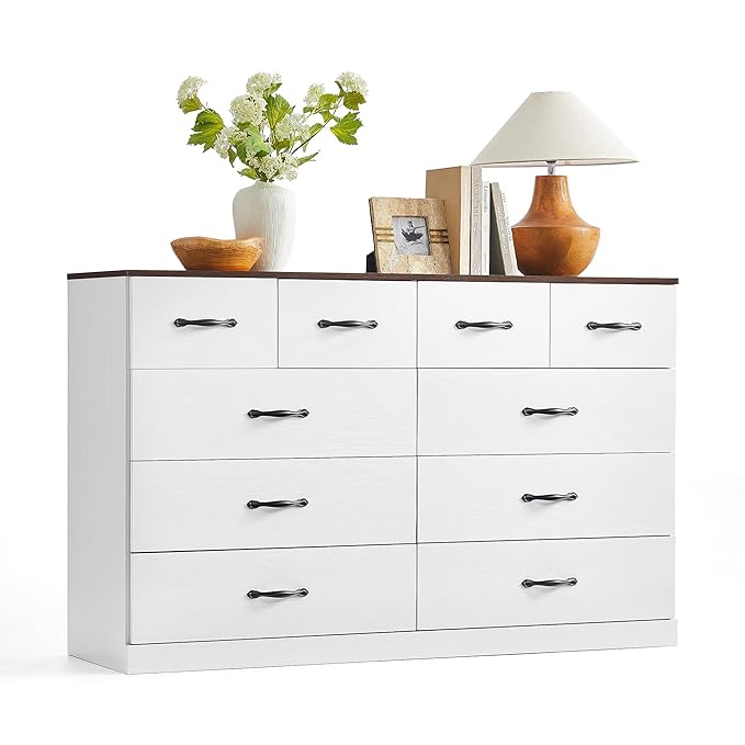 LINSY HOME 10 Drawer Dresser for Bedroom, 54" Wide Chest of Drawers, Modern TV Stand Dressers with Wood Frame and Metal Handles, Large Drawer Organizer for Bedroom, Living Room, White