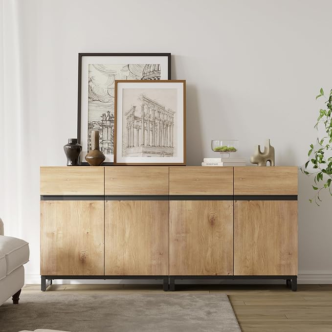 WAMPAT Modern TV Stand for TVs up to 70 inch, 2 in 1 Entertainment Center TV Console with Adjustable Shelves and Metal Base for Living Room,Bedroom,Oak