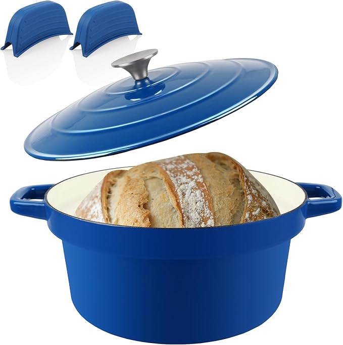 CUKOR 7QT Dutch Oven Pot With Lid, Enameled Cast Iron Dutch Ovens for Sourdough Bread Baking, Non-Stick Ceramic Dutch Oven Cooking Pot, Oven Safe, Blue (10 Pcs Bread Paper Liners)