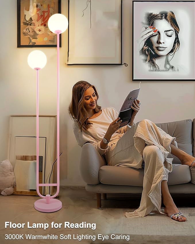 Lightdot 63IN Pink Floor Lamp, Modern Mid Century Globe Standing Lamps with 3000K LED Bulbs Candle Holder Style Unique Vintage Tall Floor Lamp for Living Room/Wedding