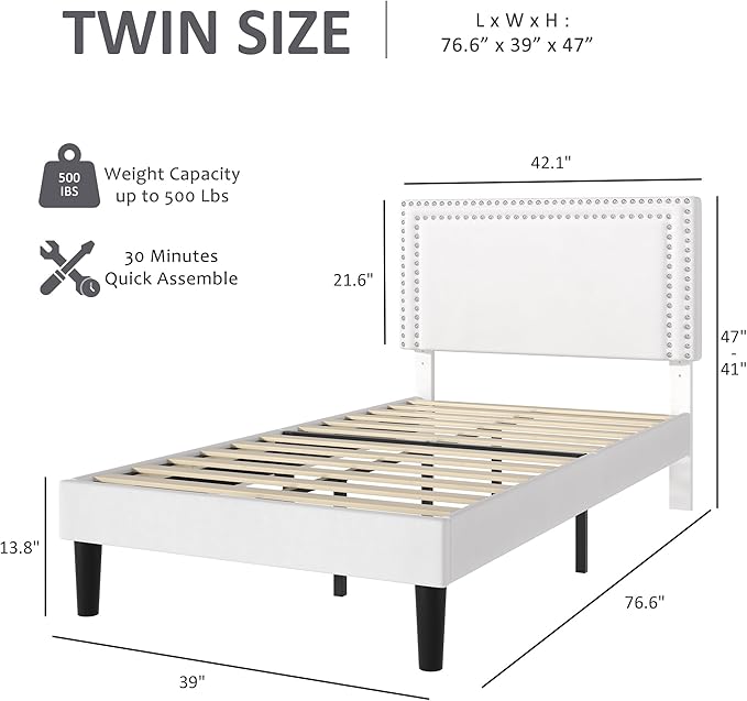 VECELO Twin Size Platform Bed Frame with Adjustable Upholstered Headboard, Strong Wood Slat Support, No Box Spring Needed, Easy Assembly