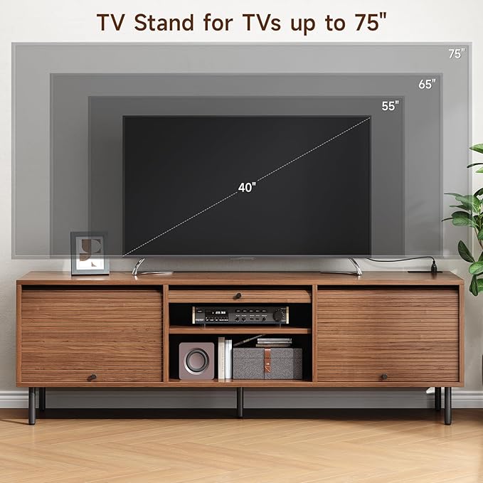 68 Inch TV Stand for TVs up to 75 Inch, Entertainment Center with Power Outlet, Mid-Century Modern TV Console with Storage, Adjustable Shelf & Sliding Doors, TV Stand for Living Room, Walnut