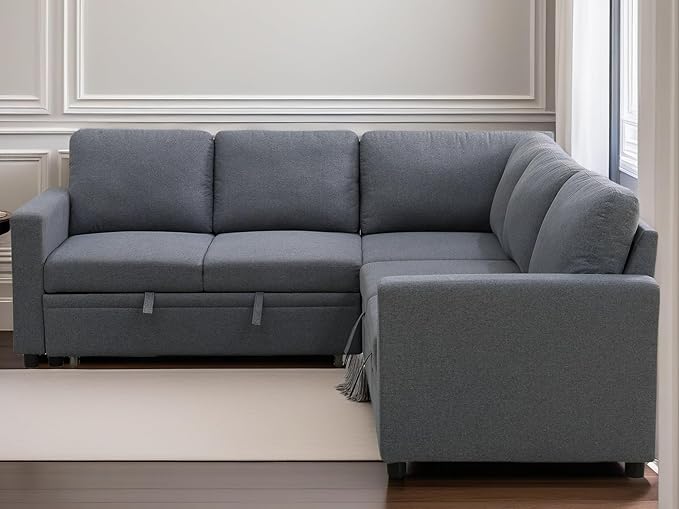 L Shaped Sectional Couch with Pull Out Bed, Convertible Sleeper Sofa Bed Couch with Storage, Modern Modular L Shaped Sofa for Living Room, Bedroom, Apartment, Grey