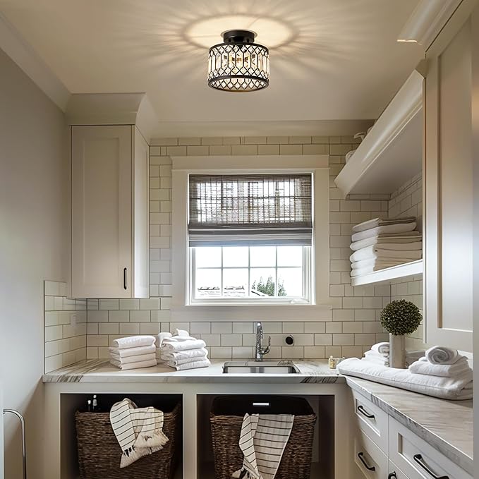 Crystal Black Ceiling Light, Modern Semi Flush Mount Ceiling Lighting Fixture, Round Hallway Lighting Fixtures for Kitchen Entryway Bedroom Laundry Room, 1-Light, 9 Inch