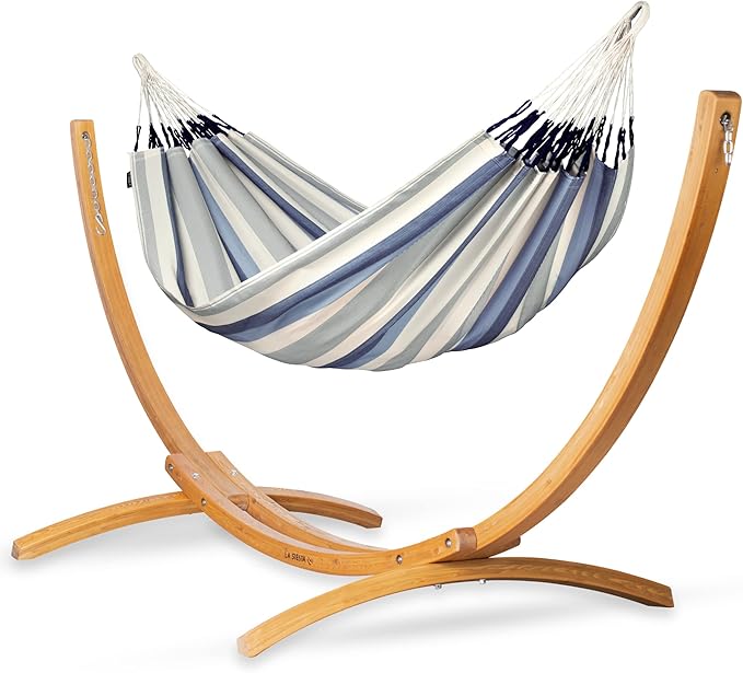 LA SIESTA® - XL King Brisa Classic Hammock & Elipso Stand - Larch Wood Hammock Stand - Weather & Tear Resistant - Backyard Outdoor Hammock with Stand - Family Hammock and Stand - Max 440 Lbs, Sea Salt