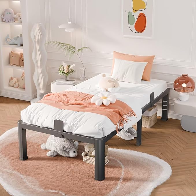 16 Inch Twin XL Bed Frame with Rounded Corner and Headboard Hole Mattress Retainers 3500 lbs Heavy Duty Support Metal Platform Bed Frame Noise Free No Box Spring Needed Easy Assembly