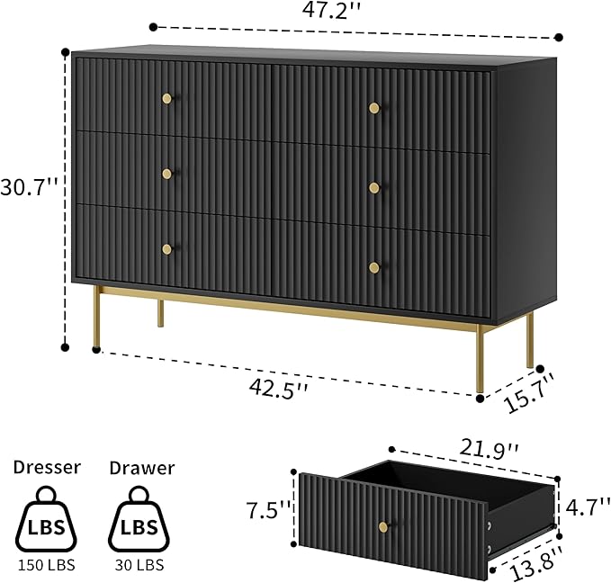 6 Drawer Double Dresser for Bedroom, Black Dresser with Gold Handles, Black 6 Drawer with Fluted Panels for Bedroom