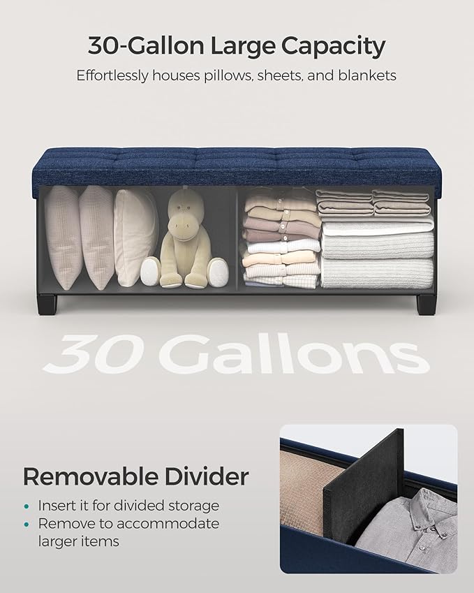 SONGMICS Storage Ottoman Bench, Foldable Foot Rest with Legs, 15 x 43 x 15.7 Inches, End of Bed Bench, Storage Chest, Load up to 660 lb, for Living Room, Bedroom, Entryway, Midnight Blue ULSF018I01