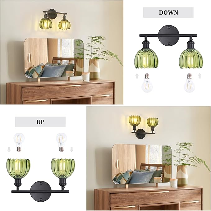 Bathroom Light Fixtures, 2-Light Black Vanity Wall Light Over Mirror with Green Tulip Glass Shade for Bedroom Living Room