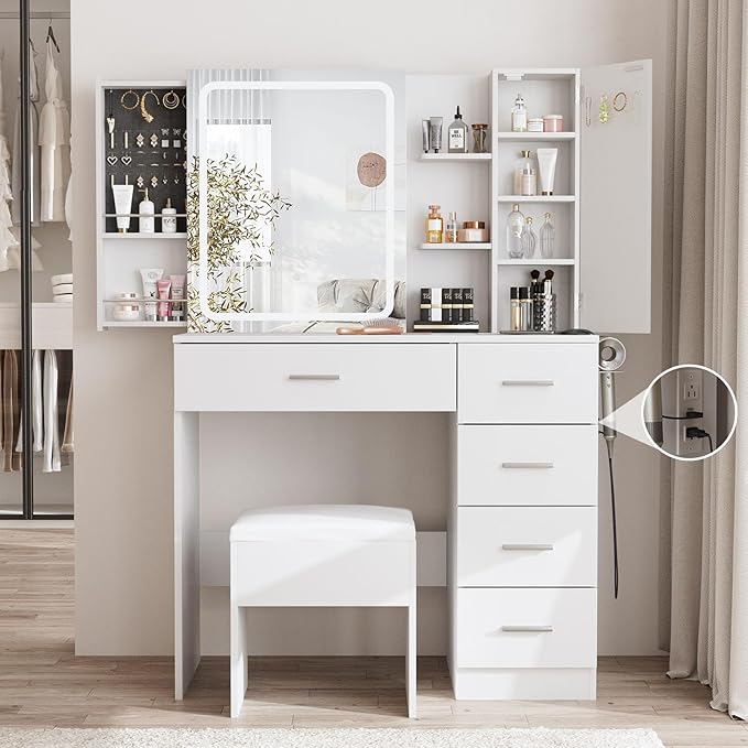 Fameill White Vanity Desk with Mirror and Lights,Makeup Vanity Table Set with Power Strip and Sliding Locker,Visual Drawer Dressing Table with 5 Drawers&Shelves&Cabinet,3 Lighting Modes