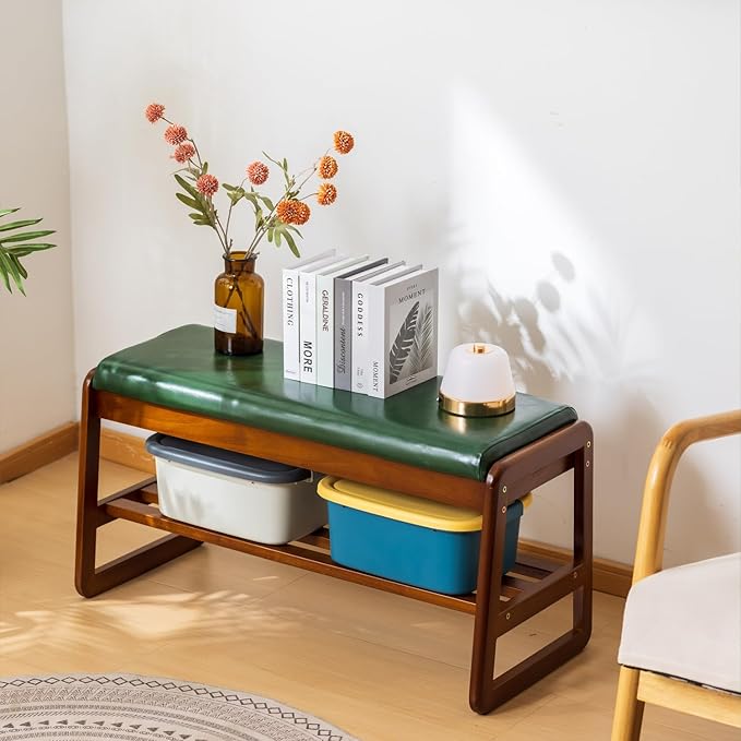 SOBIBO Solid Wood Shoe Bench, 2-Tier Entryway Bench with Cushion and Flip-Open Storage Box, Mid-Century Modern Shoe Bench Rack for Hallway, Mudroom(Green, 39.4'')