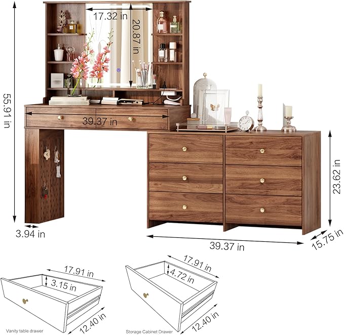 Large Makeup Vanity Desk with Mirror and Lights, Vanity Desk with 8 Drawers & Storage Shelves, Vanity Table with Power Outlet, 3 Color Modes & Adjustable Brightness Dressing Table, Bedroom,Walnut