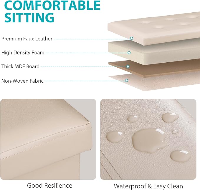 SUPER DEAL Folding Storage Ottoman Bench, 30 Inches Footrest Storage Bin with Padded Seat, Entryway Shoe Bench for Living Room Bedroom, 30"x15"x15", Faux Leather, Beige