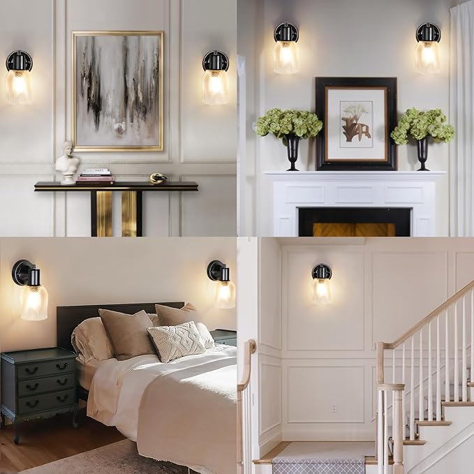 Wall Sconces Set of 2 - Matte Black Vanity Lights for Bathroom Modern Wall Light Fixtures with Rotary Switch - Wall Mount Light with Stripe Glass,Farmhouse Wall Lamp for Bedroom Mirror Living Room