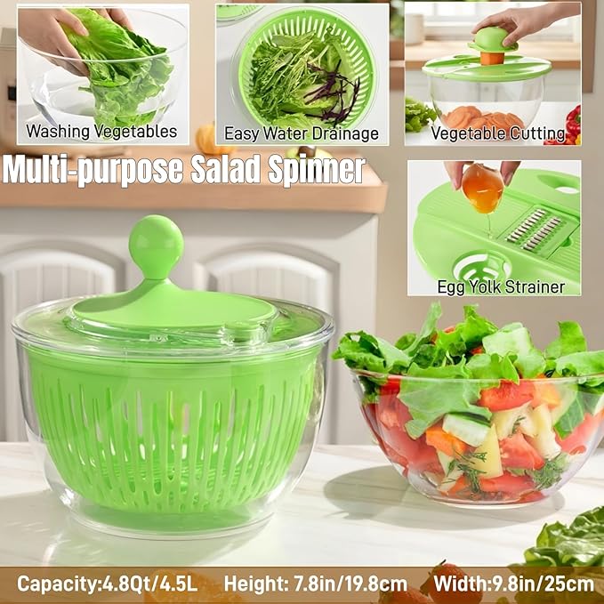 Salad Spinner, Large Vegetables Wash Bowl, 4.8 Qt Fruits Lettuce Dryer with 5 Blade Slicer and Slicer Egg Yolk Strainer Shredder for Salad Cleaner