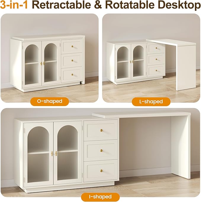 RoyalCraft White Makeup Vanity Desk, Modern L Shaped Corner Vanity with Storage, Wood Large Dressing Table for Women Girlfriend, Extendable Makeup Table for Bedroom, Cream White (Without Mirror)