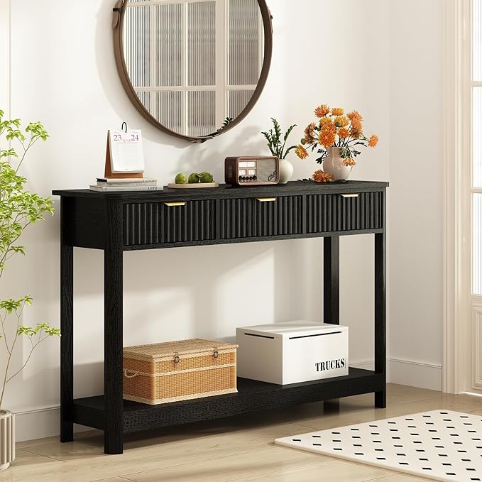 RUSTOWN Fluted Wood Console Table with 3 Drawers, Boho Narrow Behind Couch Entryway Table with Open Storage Shelf, Modern Sofa Table for Living Room, Foyer and Hallway (Black)