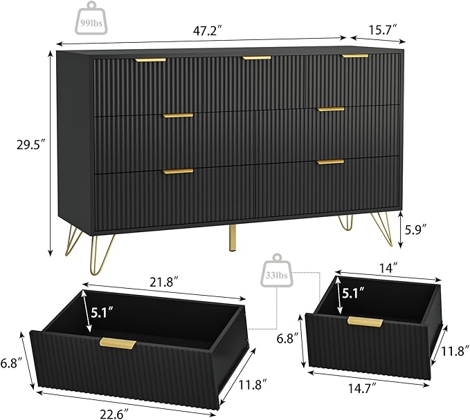 Black Dresser for Bedroom, 7 Drawers Dresser with Golden Handles, Modern Wood Chest for Living Room, Hallway, Entryway