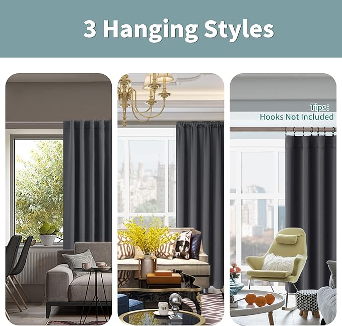 BGment 100% Room Darkening Thermal Insulated Blackout Curtains 63 Inches Long for Bedroom, Rod Pocket and Back Tab Double Layer Noise Cancelling Curtain with Liner (52 x 63 Inch, 2 Panels, Dark Grey)