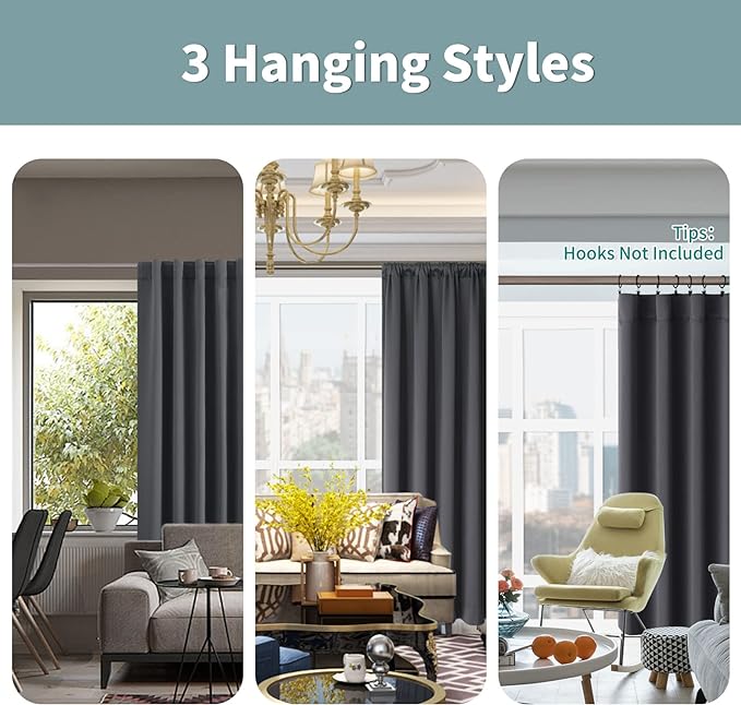 BGment 100% Room Darkening Thermal Insulated Blackout Curtains 72 Inches Long for Bedroom, Rod Pocket and Back Tab Double Layer Noise Cancelling Curtain with Liner (52 x 72 Inch, 2 Panels, Dark Grey)