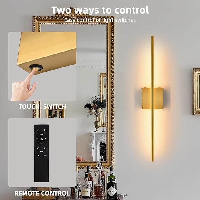 Battery Operated Wall Sconces set of 2, 16000mAh Brushed Gold Rechargeable Wall Sconce with Remote Control, 3000K-6000K Dimmable LED Wireless Wall Light for Living Room Hallway Bedroom Stairs 29 Inchs