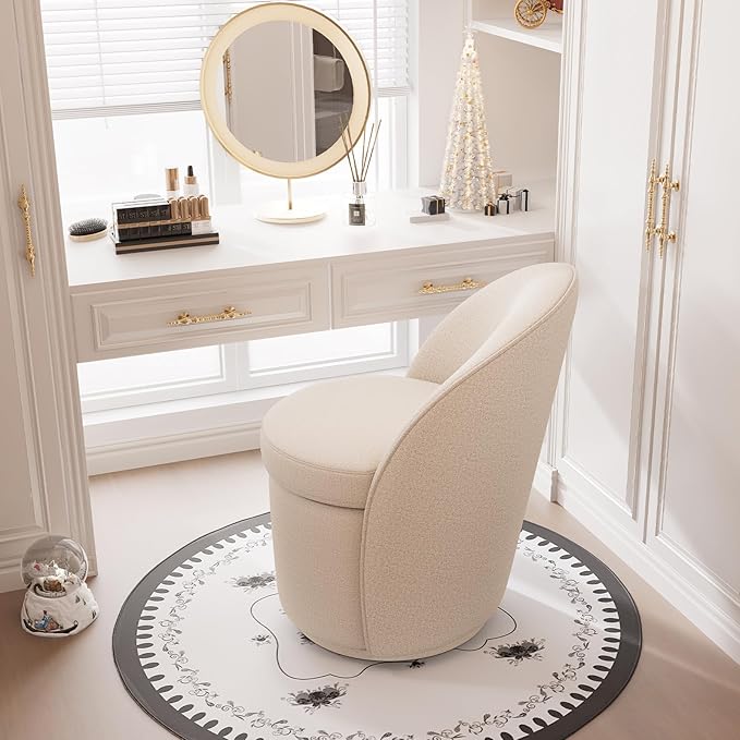 YOUNIKE Vanity Bench Boucle Fabric Oatmeal Solid Wood Swivel Accent Chair with Backrest Easy Assembly Dressing Stool for Bedroom & Makeup Room